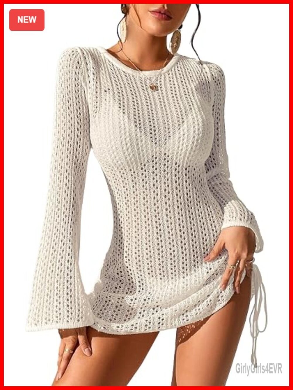 Crochet Bell Long Sleeve Drawstring Swimsuit Cover Up